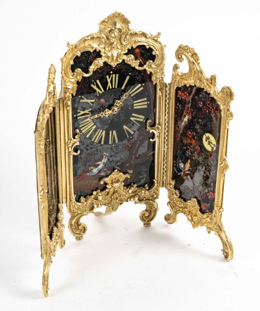 An Art Nouveau Gilt Bronze And Painted Glass Screen Clock -photo-2