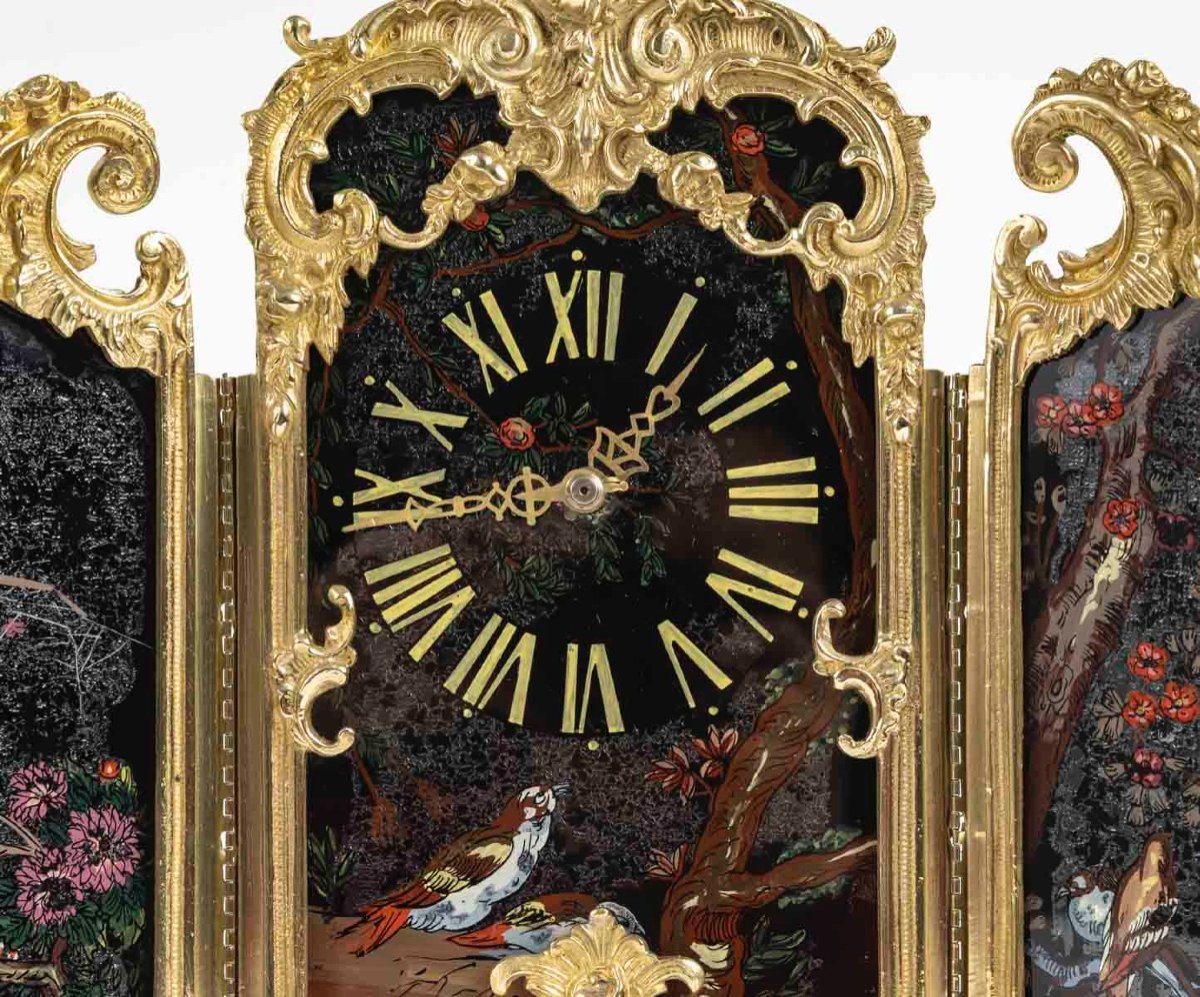 An Art Nouveau Gilt Bronze And Painted Glass Screen Clock -photo-1