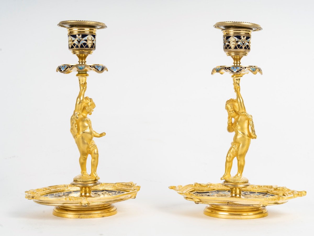 A Pair Of Gilt Bronze And Cloisonné Enamel Candlesticks, Late 19th Century -photo-2