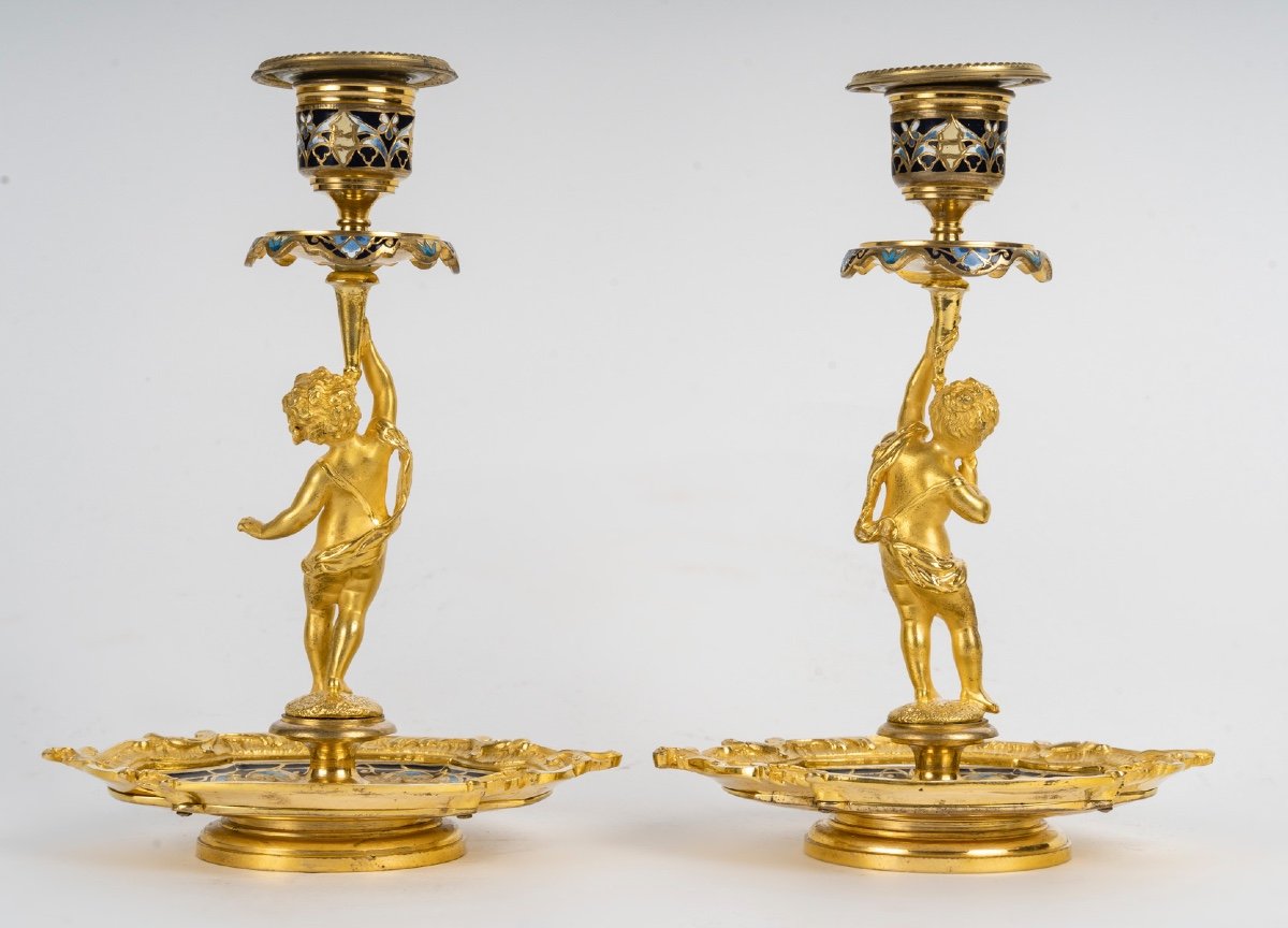 A Pair Of Gilt Bronze And Cloisonné Enamel Candlesticks, Late 19th Century -photo-3