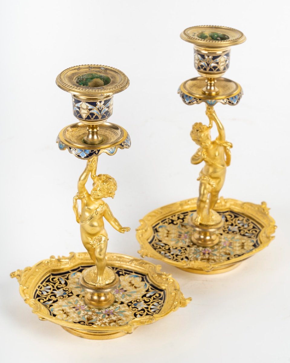 A Pair Of Gilt Bronze And Cloisonné Enamel Candlesticks, Late 19th Century -photo-4