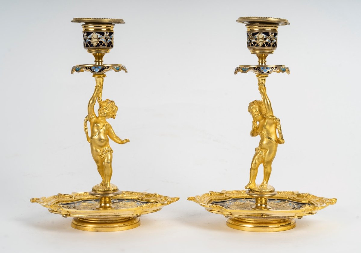 A Pair Of Gilt Bronze And Cloisonné Enamel Candlesticks, Late 19th Century 