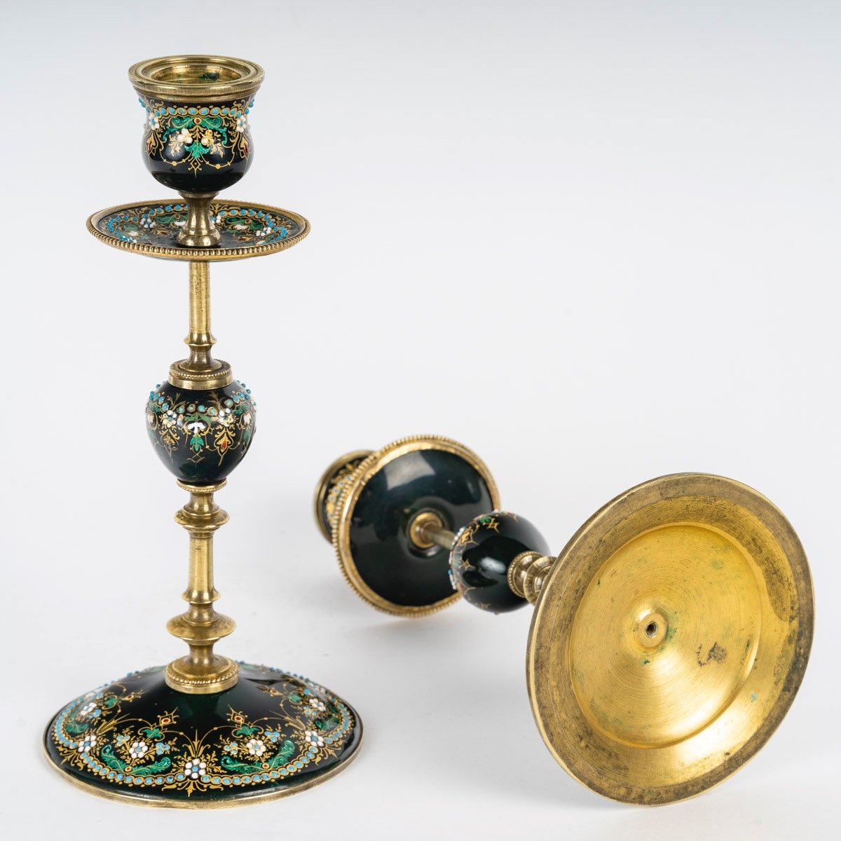 A Pair Of Bronze And Green Enamel Candlesticks, Late 19th Century -photo-3