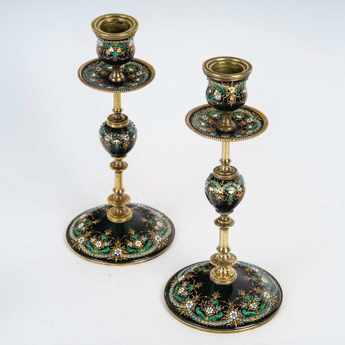 A Pair Of Bronze And Green Enamel Candlesticks, Late 19th Century -photo-4