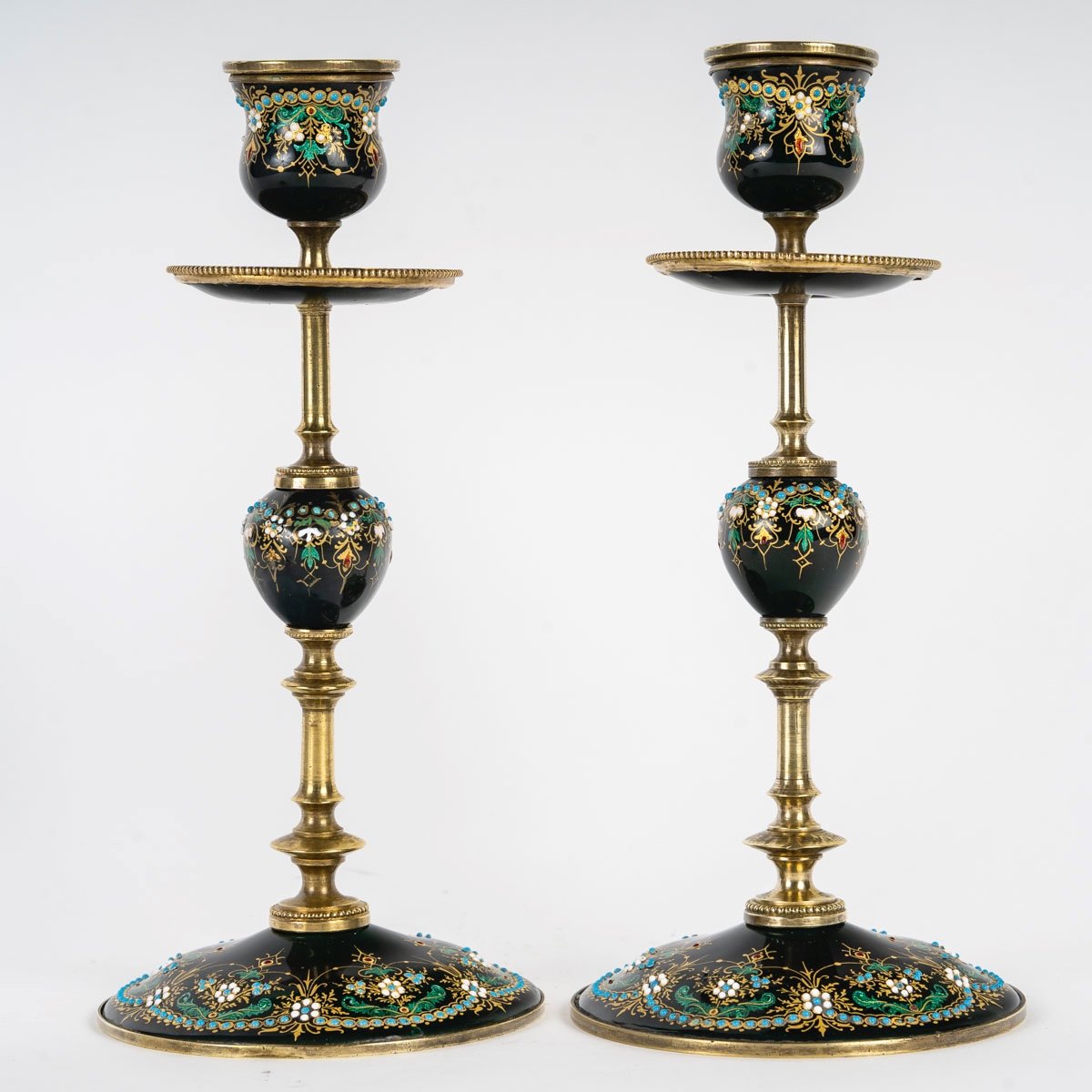 A Pair Of Bronze And Green Enamel Candlesticks, Late 19th Century -photo-8