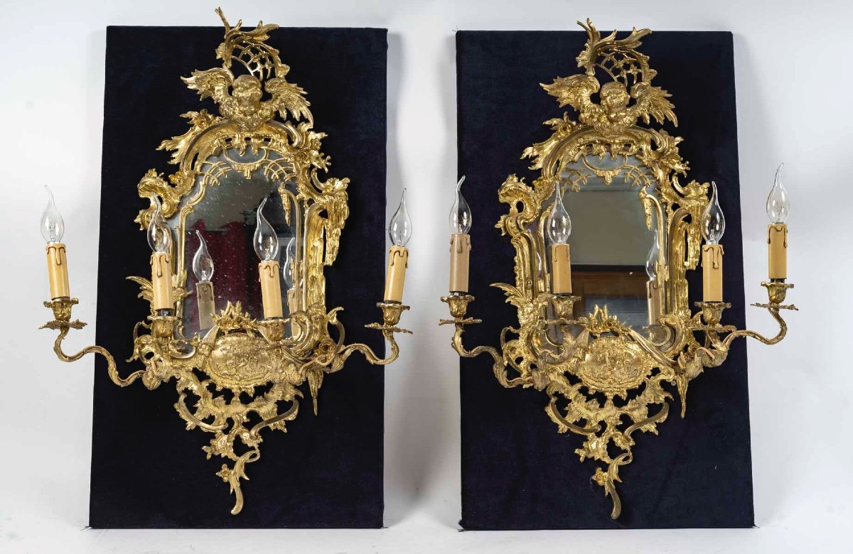 Une paire de miroirs d'applique  en bronze doré, XIXème Siècle -photo-6