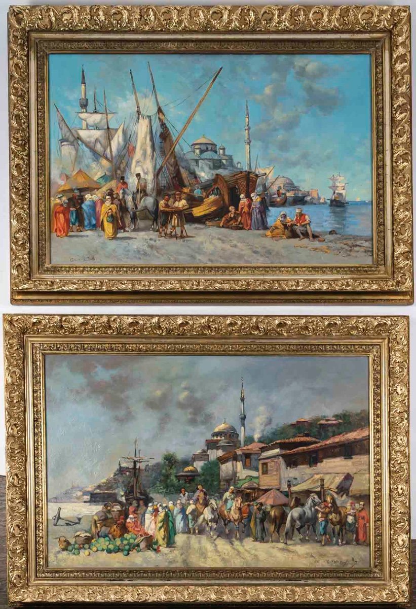 Une Paire De Tableaux, Huile Sur Toile Vue De Istanbul, XXème Siècle 