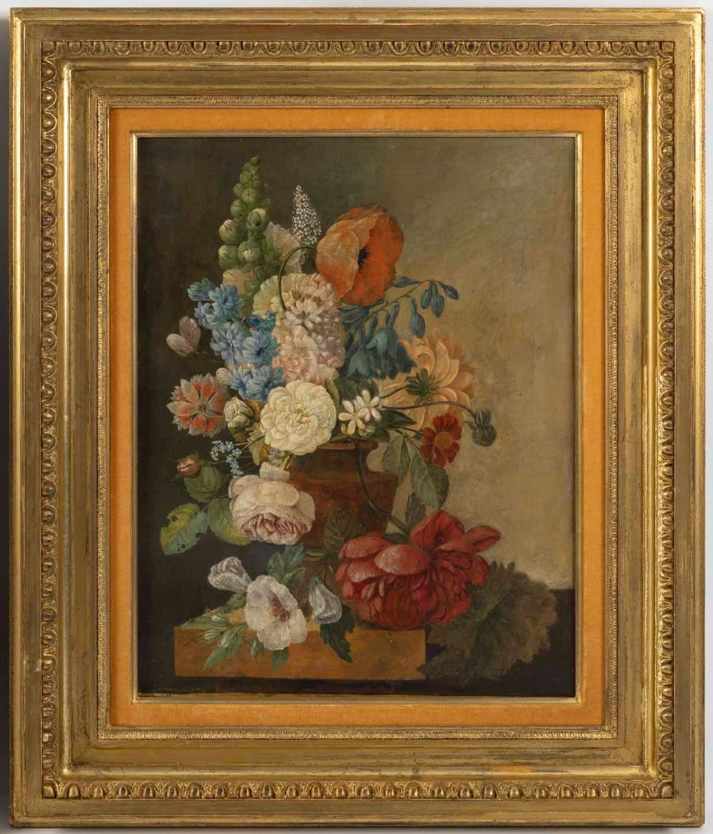 Paire De Tableaux Fleurs, Début XIXème Siècle -photo-3