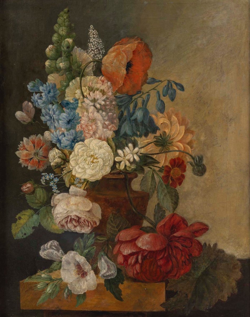 Paire De Tableaux Fleurs, XVIIIème Siècle -photo-1