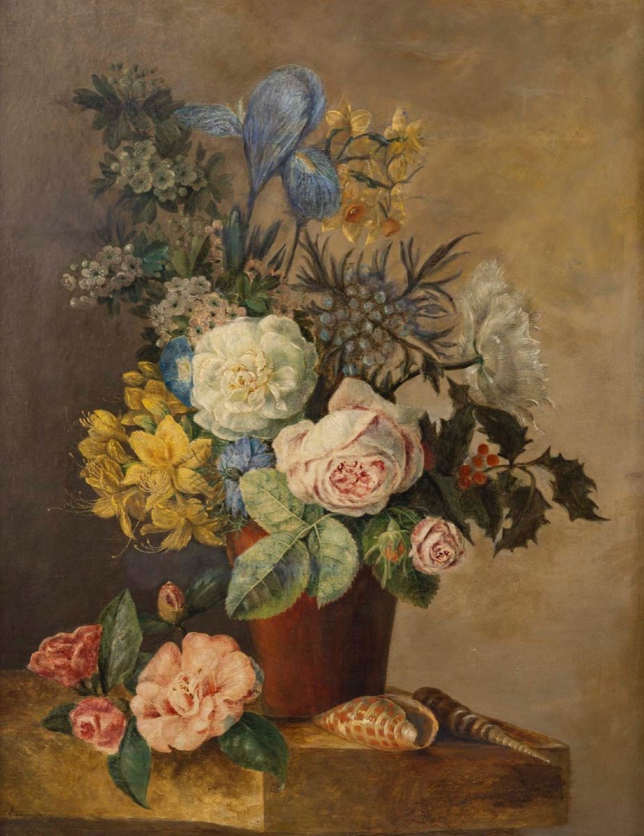 Paire De Tableaux Fleurs, Début XIXème Siècle -photo-2