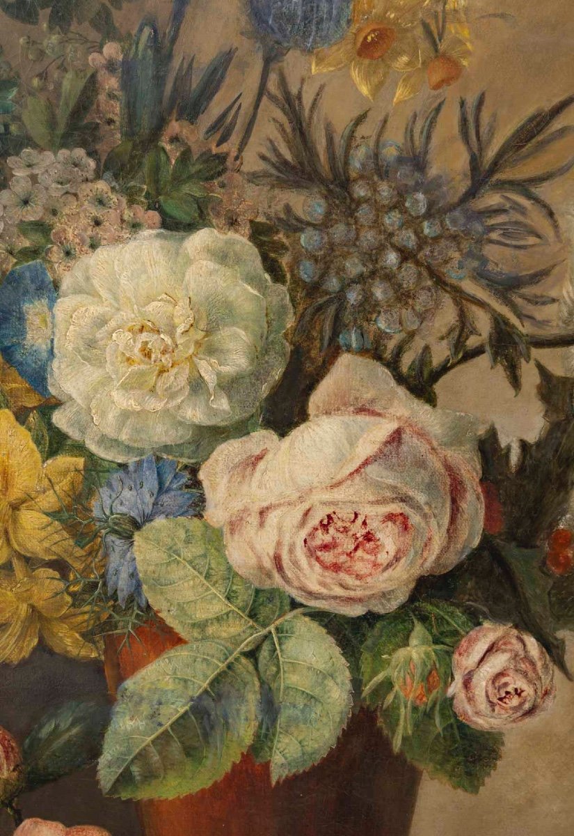 Paire De Tableaux Fleurs, Début XIXème Siècle -photo-3