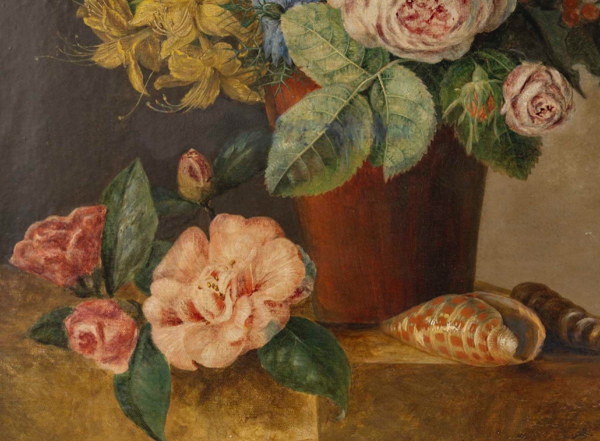 Paire De Tableaux Fleurs, Début XIXème Siècle -photo-5