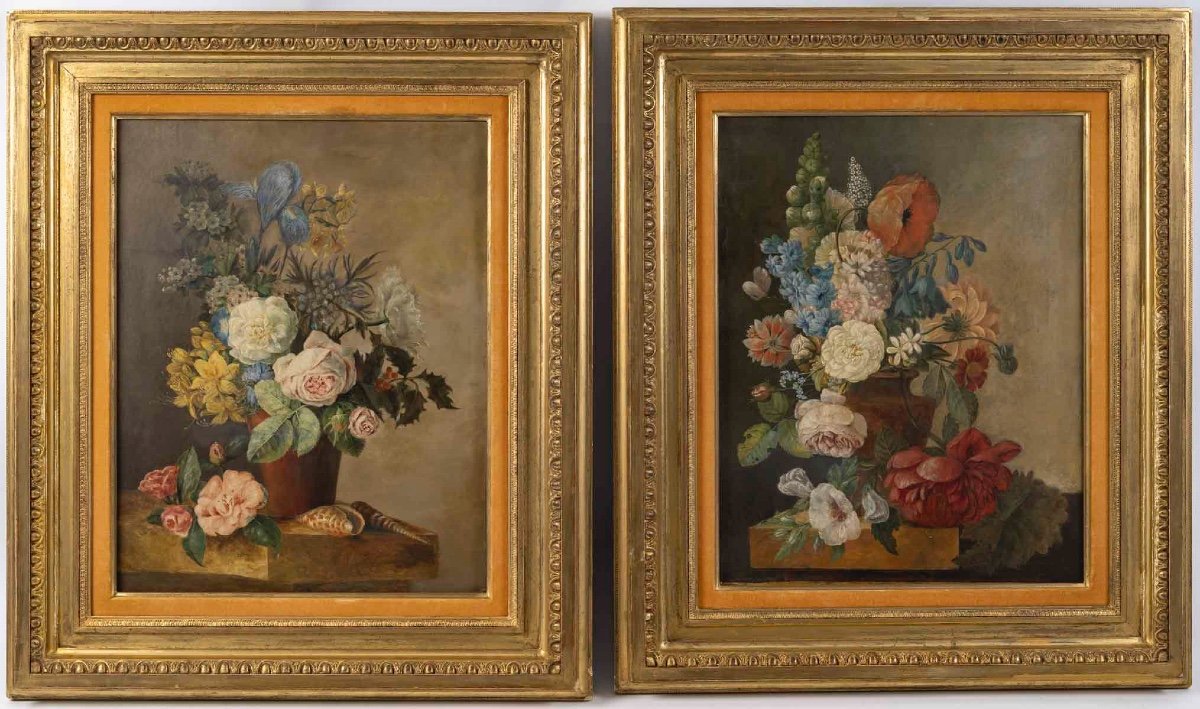 Paire De Tableaux Fleurs, XVIIIème Siècle 