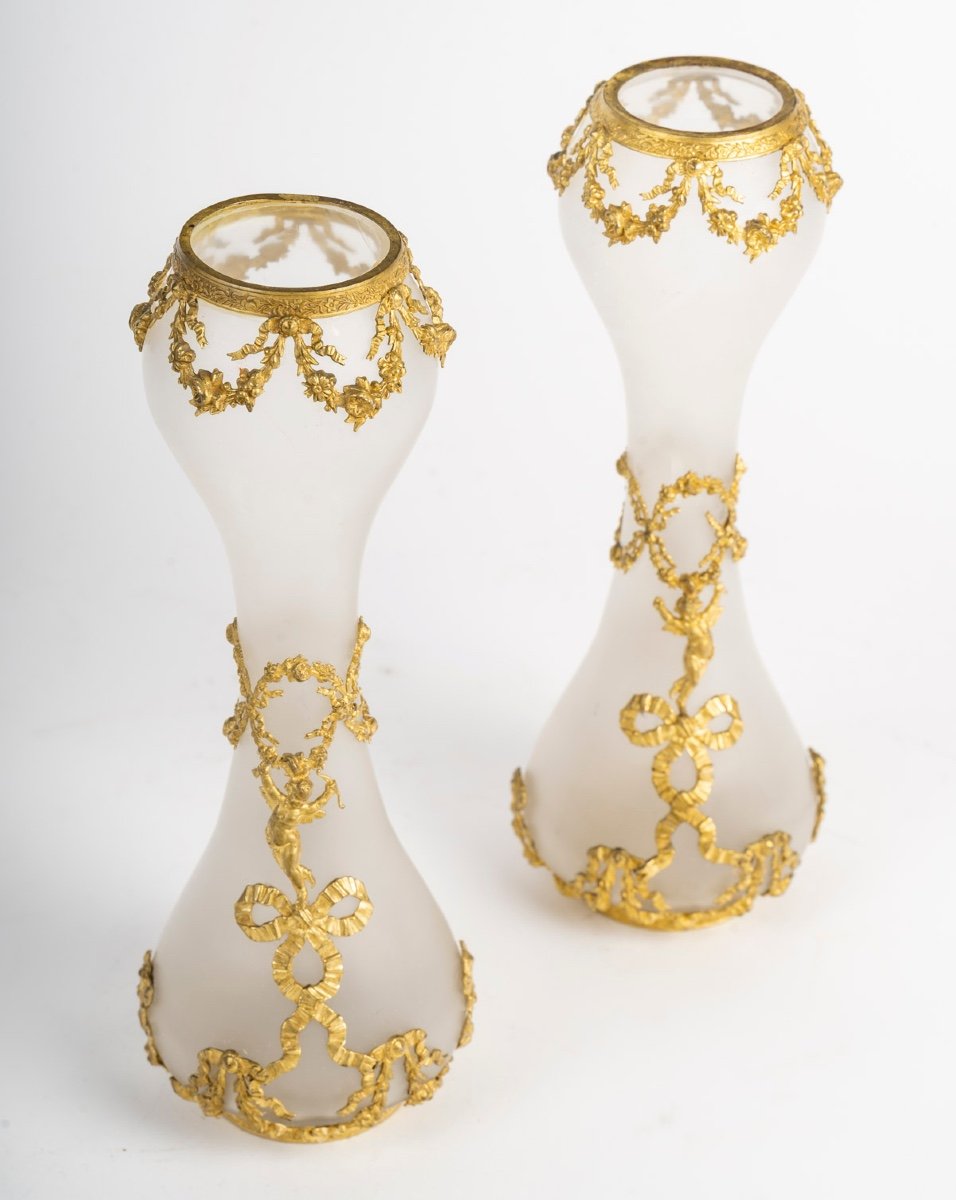 Une Paire De Vases En verre opalescent Et Bronze Doré, Fin XIXème Siècle -photo-2