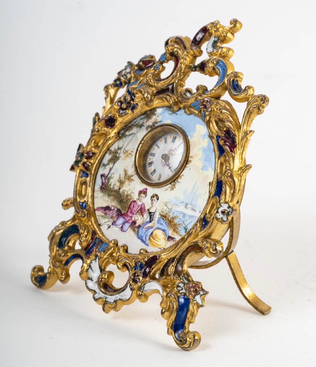 Miniature Enamel Pendulum Clock, Late 19th Century-photo-2