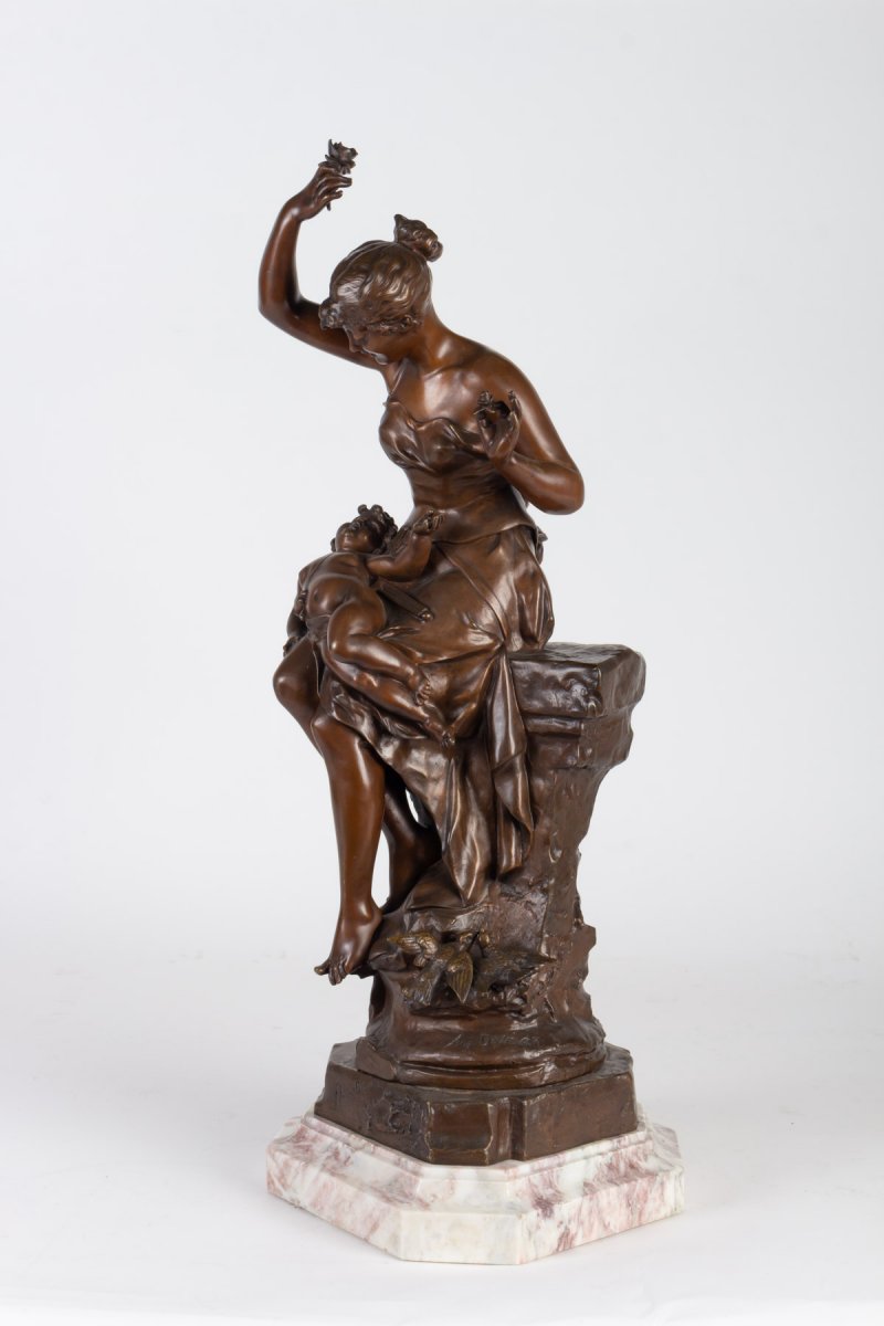 Auguste Dewever, Bronze Representing A Woman And A Cupid, Napoleon III Period