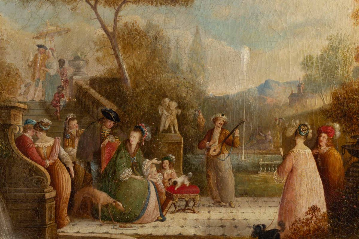 Fête Champêtre, Huile Sur Toile Du XVIII ème Attribuée à Jean Baptiste Francois.-photo-3