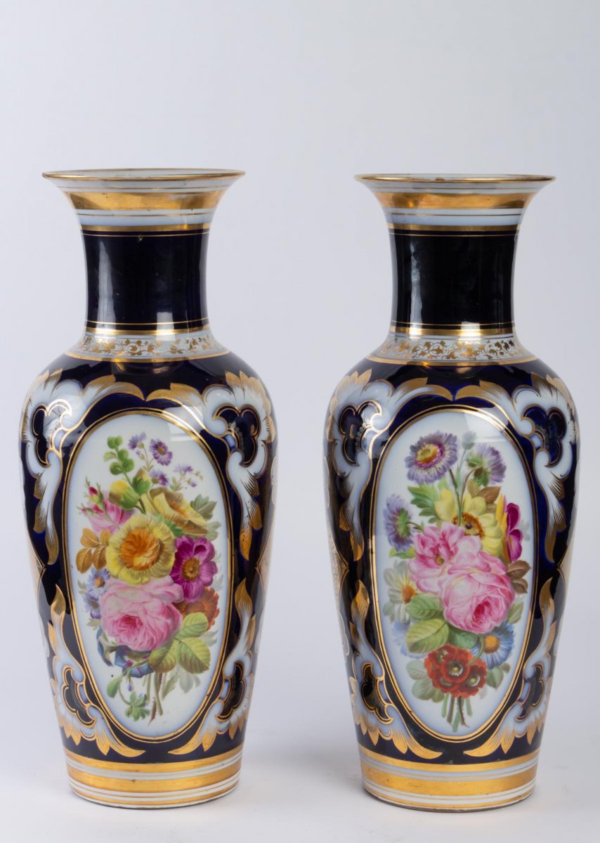 Pair Of Paris Porcelain Vases In Night Blue Color