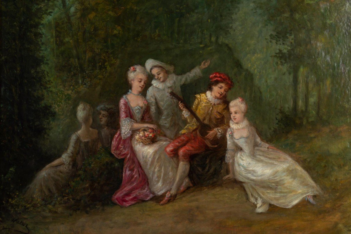 Huile sur toile scène d'après Watteau fin XIXème siècle -photo-3