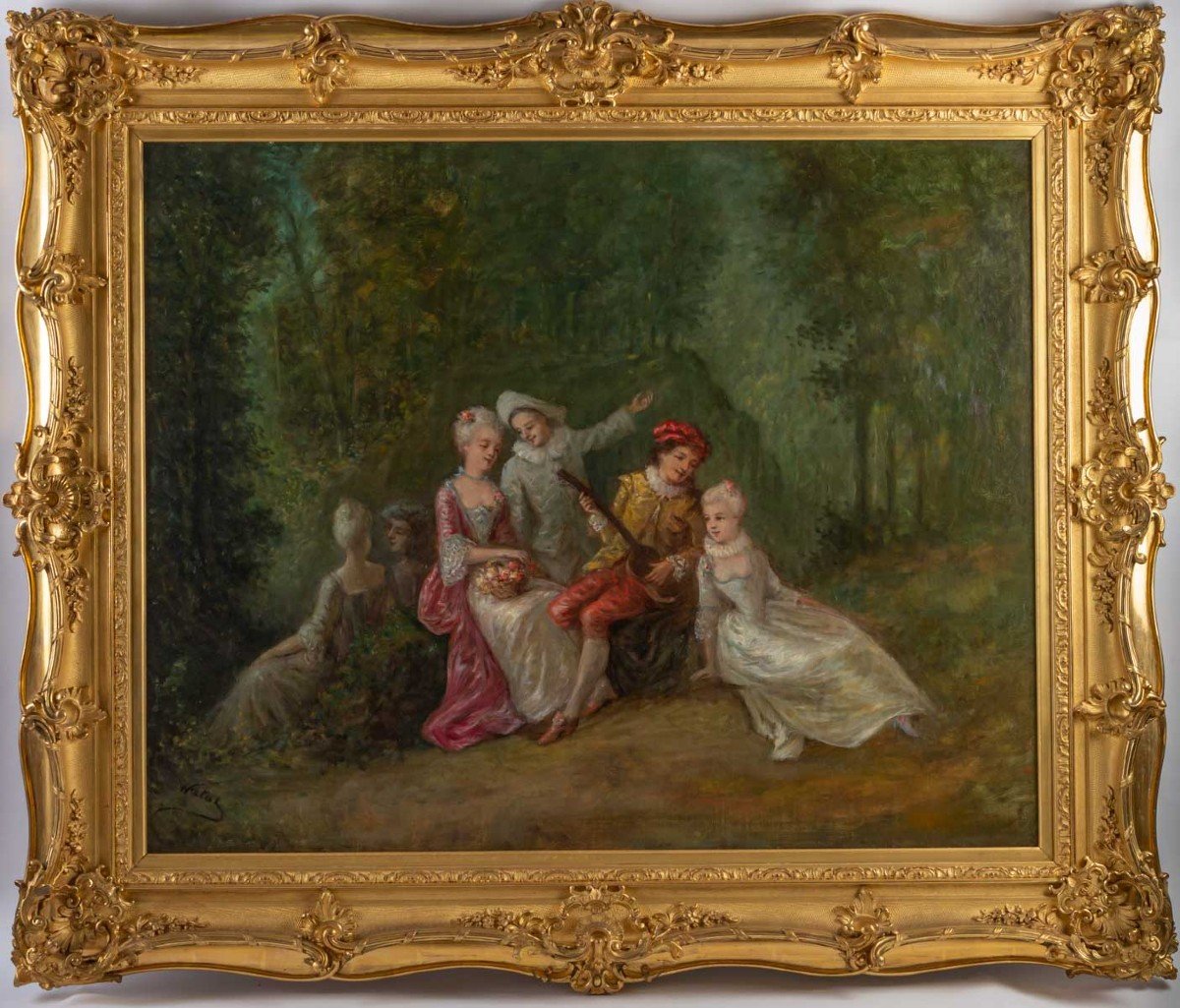 Huile sur toile scène d'après Watteau fin XIXème siècle 