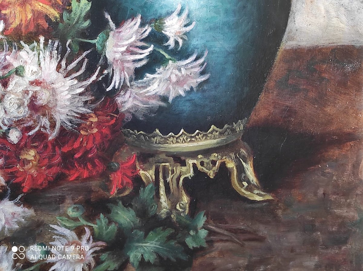 Oil On Canvas Still Life With Chrysanthemums Late XIXth Century-photo-4