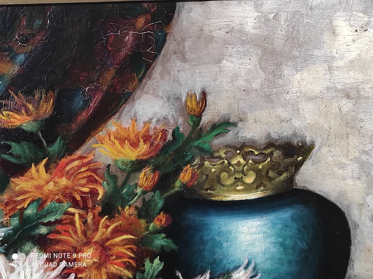 Oil On Canvas Still Life With Chrysanthemums Late XIXth Century-photo-4