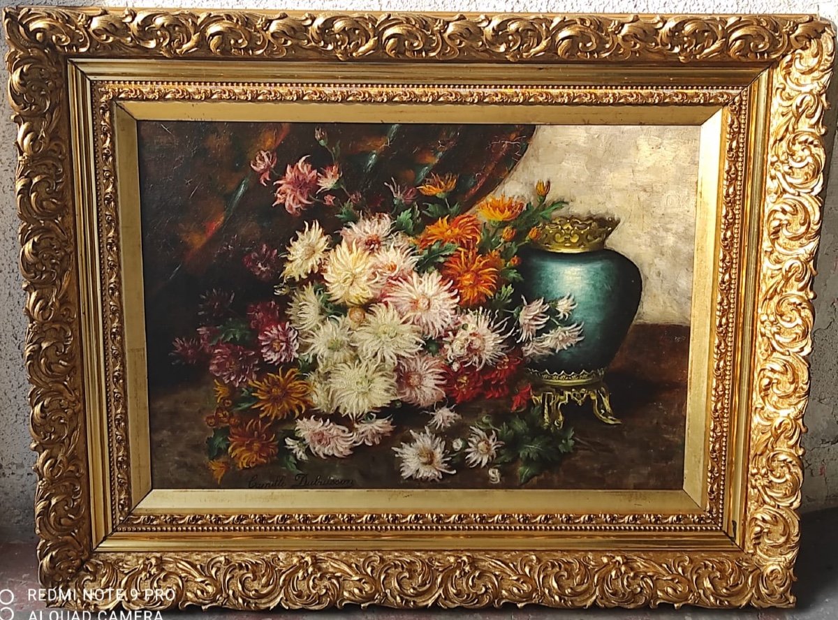 Oil On Canvas Still Life With Chrysanthemums Late XIXth Century