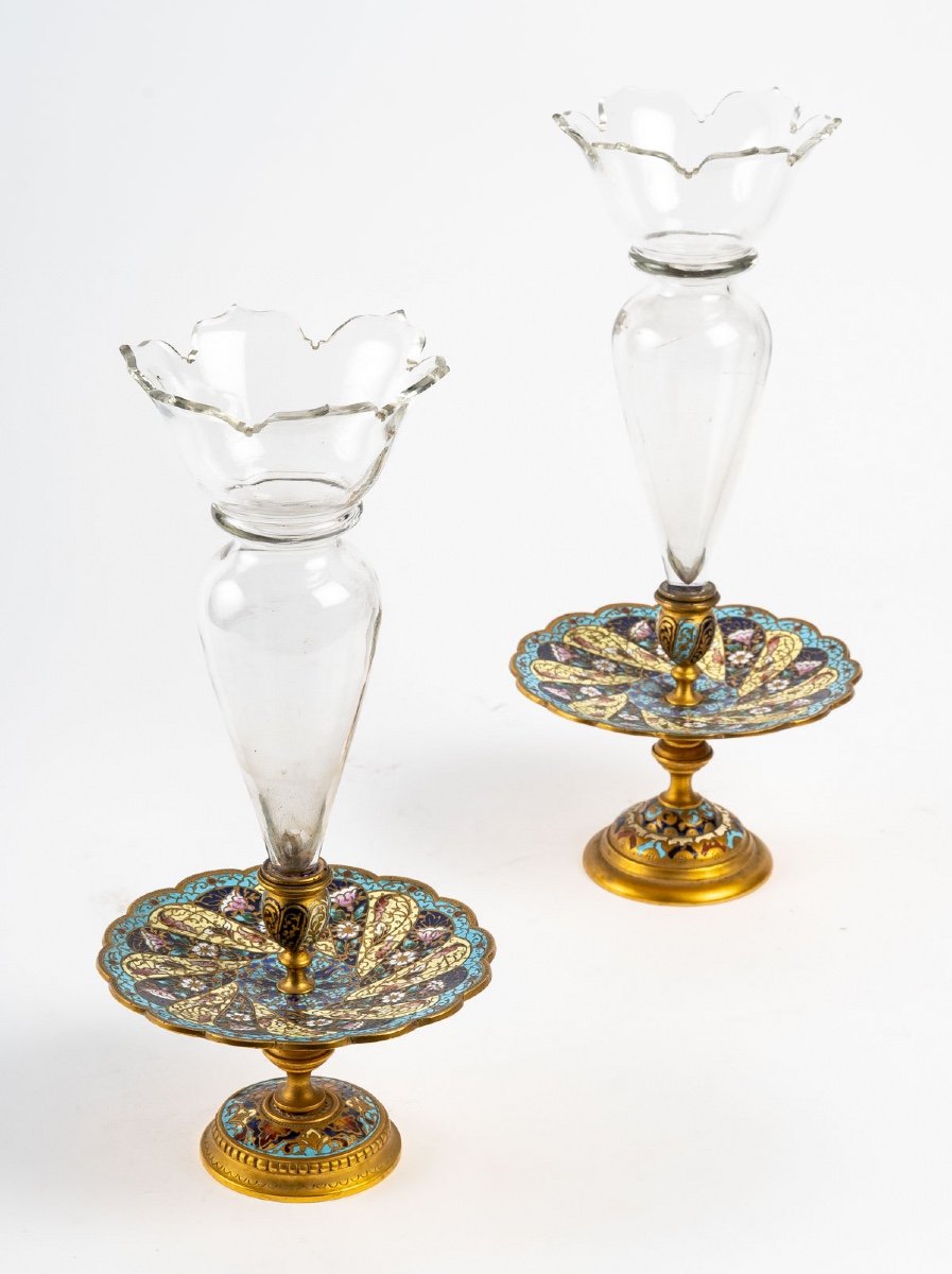Pair Of Crystal Cup With Gilt Bronze Base And Cloisonne Enamel Late 19th Century-photo-1