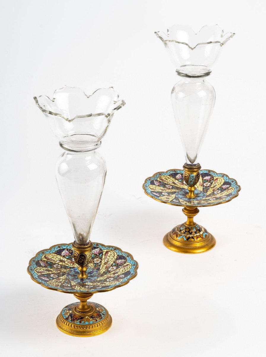 Paire De Coupe En Cristal Avec Base En Bronze Doré Et émail Cloisonné Fin XIXème Siècle -photo-1