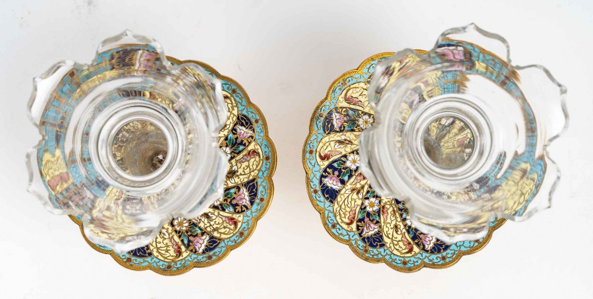 Pair Of Crystal Cup With Gilt Bronze Base And Cloisonne Enamel Late 19th Century-photo-5