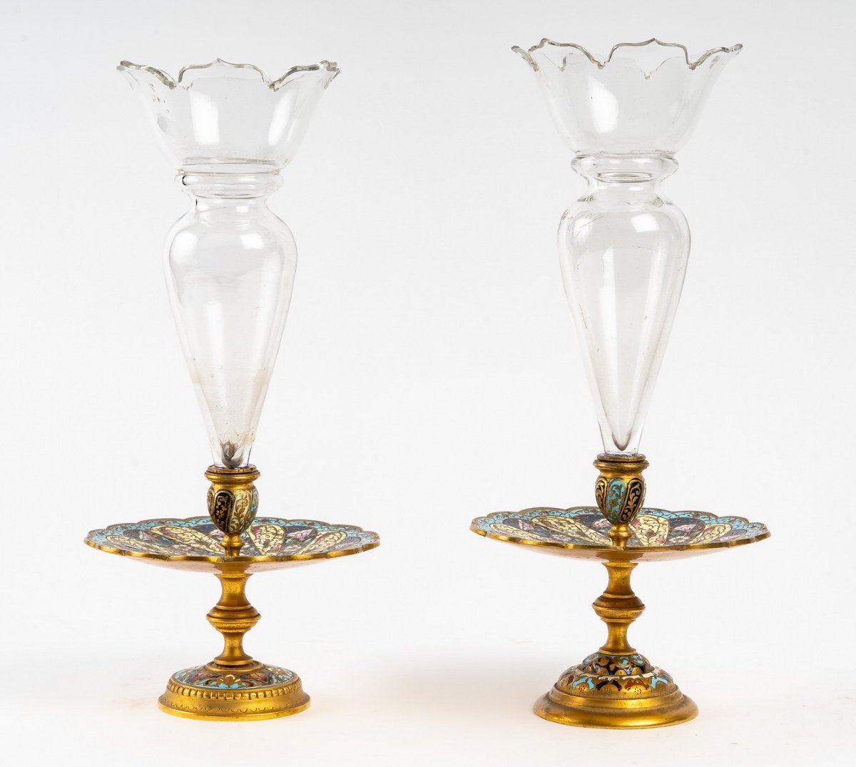 Pair Of Crystal Cup With Gilt Bronze Base And Cloisonne Enamel Late 19th Century