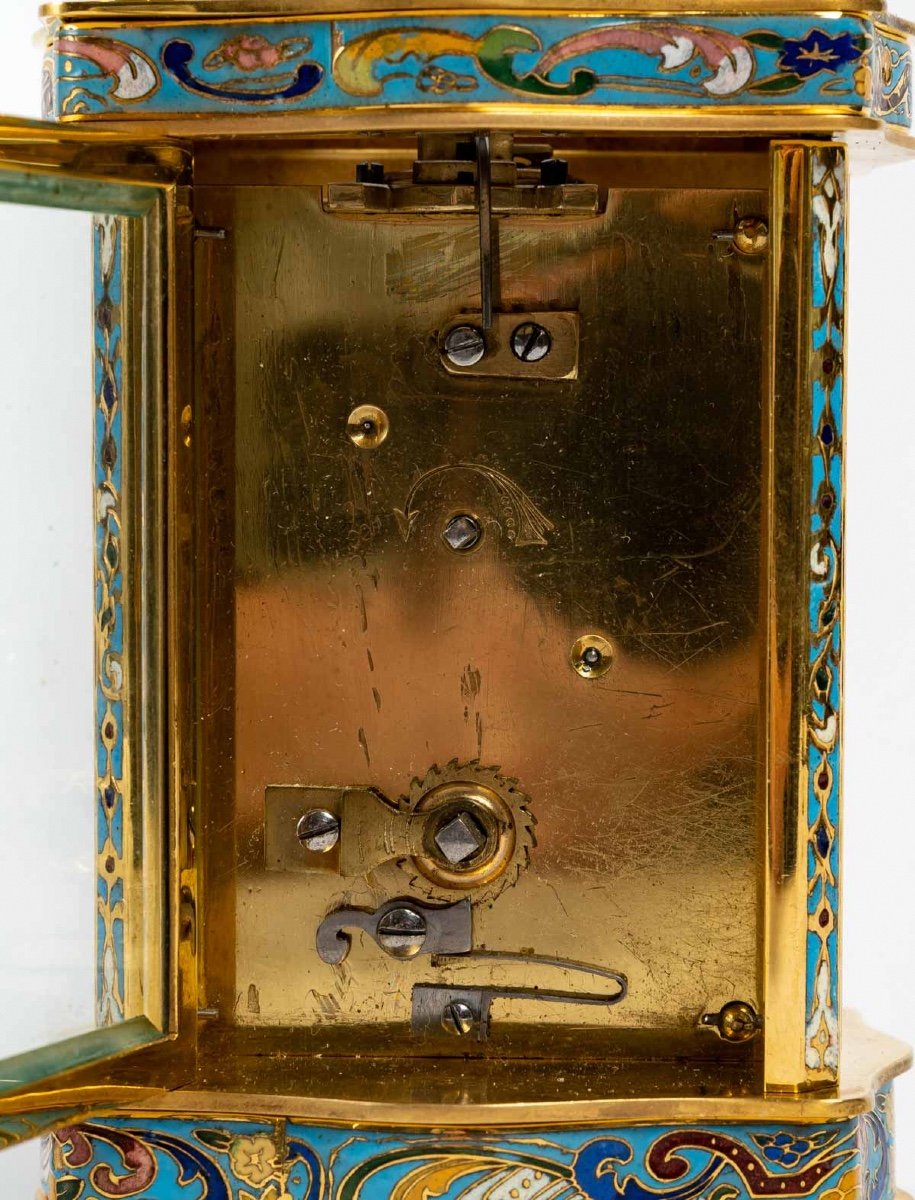 Petite Pendule De Voyage En Bronze Et émail Cloisonné Fin XIXème Siècle -photo-3