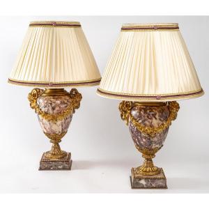 Pair Of Lamps In Fleur De Pêcher Marble And Gilt Bronze Late Nineteenth Century