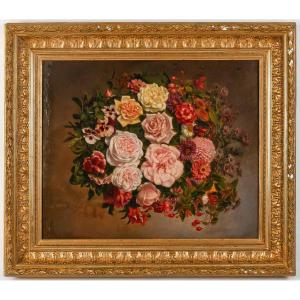 Tableau Huile Sur Toile Fleurs Circa 1880