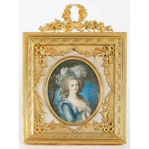 A Painting On Ivory By Marie Antoinette In A 19th Century Gilt Bronze Frame 