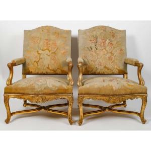 Pair Of Large Louis XIV Style Aubusson Armchairs In Gilded Wood, Circa 1880