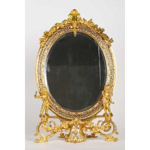 Miroir De Table En Bronze Doré Et émail Cloisonné Fin XIXème Siècle 