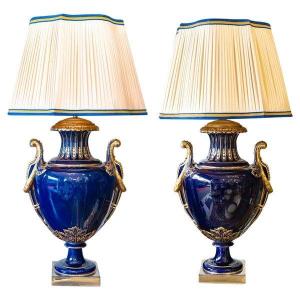 Importantes Paire De Lampes En Porcelaine Bleu Fin XIX