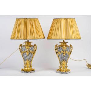 Une Paire De Lampes En Marbre Gris Et Bronze Doré Fin XIXème Siècle 