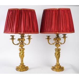 A Pair Of Louis XVI Style Gilt Bronze Lamps, Late 19th Century 