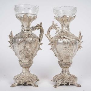 A Pair Of Late 19th Century Silver Plated Metal Vases 