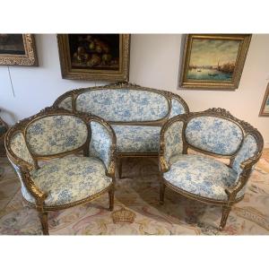 A Louis XVI Style Carved And Gilded Wooden Living Room, Late 19th Century 