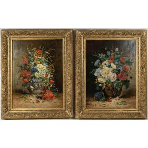 A Pair Of Flower Paintings By H.cauchois