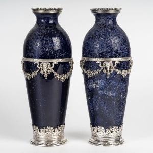 A Pair Of Porcelain And Sterling Silver Vases, Late 19th Century 