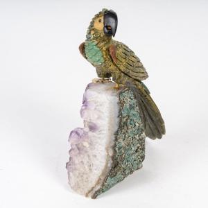 A Marble And Gemstone Parrot  Sculpture