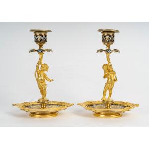 A Pair Of Gilt Bronze And Cloisonné Enamel Candlesticks, Late 19th Century 