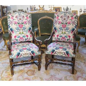 A Pair Of Louis XIII Style Armchairs, 18th Century 