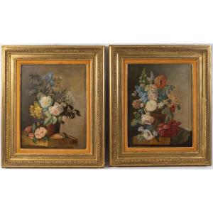 Paire De Tableaux Fleurs, Début XIXème Siècle 