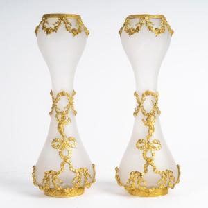 A Pair Of Opalescent Glass And Gilt Bronze Vases, Late 19th Century 