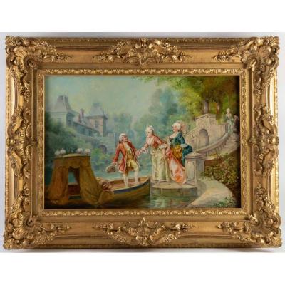Beautiful Oil Painting On Canvas Romantic Scene 19th Century